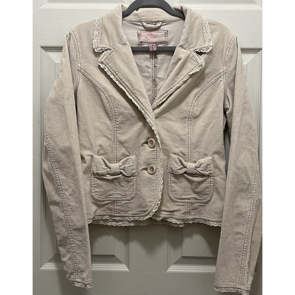 Plugg Womens L Corduroy Blazer Jacket Beige Bow Pockets Lace Trim Y2K